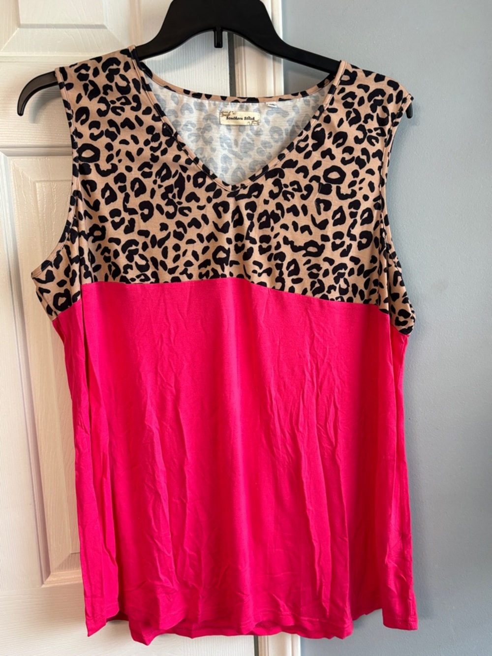 Sleeveless V-Neck Tank with Leopard and Hot Pink